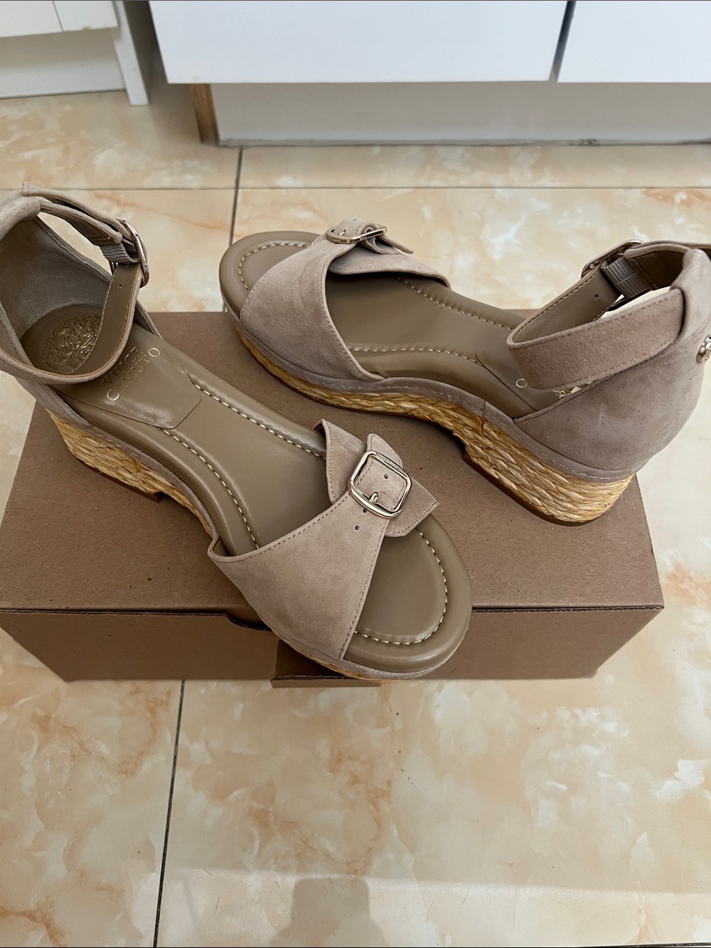 Vince Camuto Taupe Suede Ankle-Strap Wedge Sandals - Picture 4 of 5